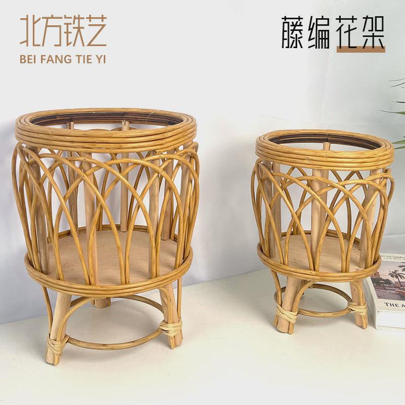 绿植北欧藤编草编花篮木质花架落地式室内客厅阳台ins花盆
