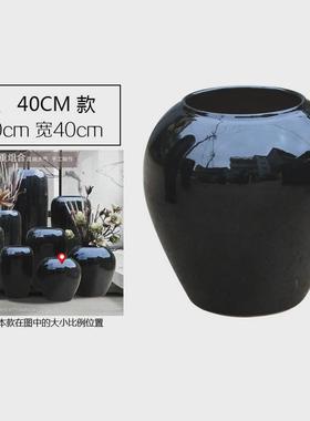 黑色酒店大堂落地陶瓷花瓶摆件干支陶罐插花器别墅样板房摆件
