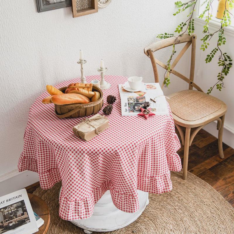 格子缦琪韵桌布民族风红色伊印花圆形荷叶边客厅布艺厂家直供