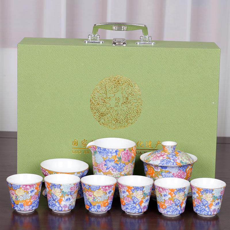 精工珐琅彩功夫茶具套装家用整套中式陶瓷大茶盘青花瓷煮茶壶泡