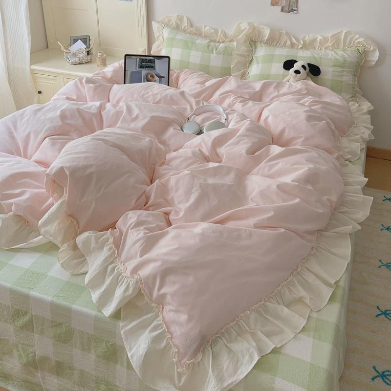 热销少女心大花边纯棉四件套全棉水洗棉奶油风被套格子床单三件套