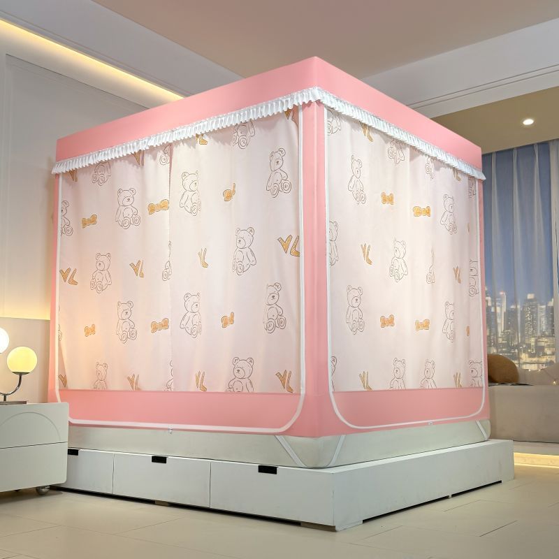 新款家用防尘蚊帐床帘加密拉链坐床加厚遮光一体式床幔方形蒙古包