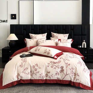 婚庆浪漫100s全棉被套四件套加厚秋冬季花鸟刺绣红色磨毛床上用品