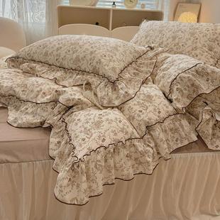 田园淡雅小碎花双层纱床裙床上四件套全棉1.5m1.8米被套床单三件