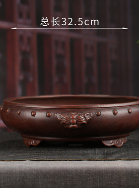 张治诚花盆复古兽头云角鼓丁圆形矮盆假山榕树迎客松造景盆ZSD06