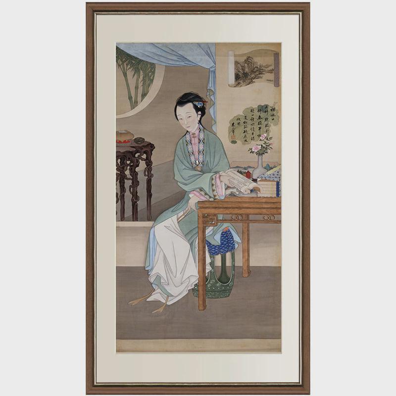 雍正十二美人图西洋发新中式玄关装饰画倚门观竹书房茶室实木挂画