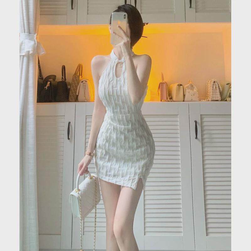 性感挂脖无袖包臀连衣裙旗袍主播上镜服装清纯紧身国风纯欲吊带裙