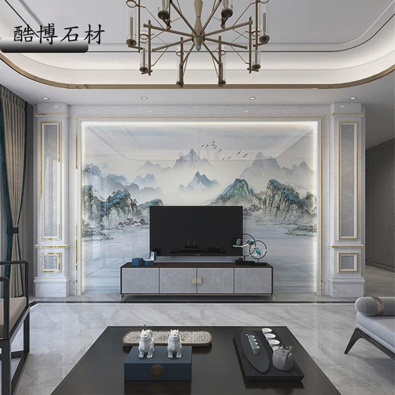 新中式岩板背景墙人造石罗马柱金属条板岩800*2600瓷砖电视墙外墙