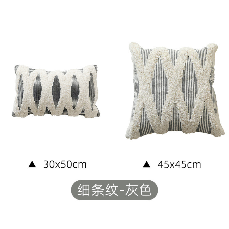 北欧风简约靠垫沙发抱枕套棉线编织办公腰靠复古印花簇绒家居条纹