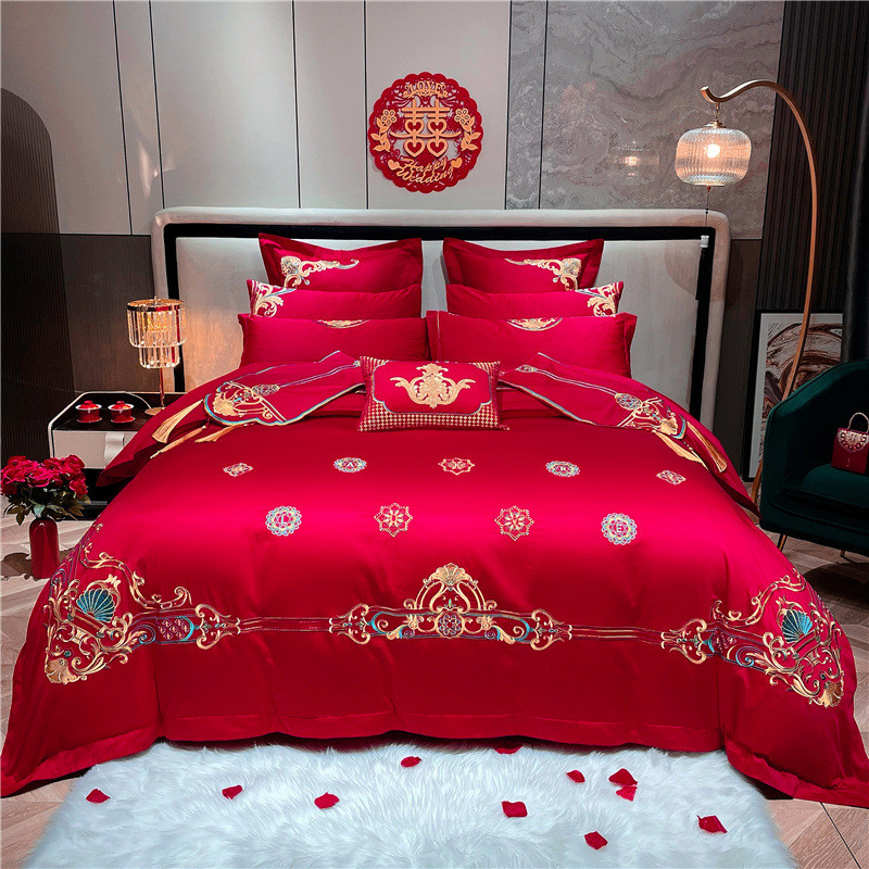 结婚四件套套件床单被罩红色中式长绒棉陪嫁喜被全棉婚庆床上用品