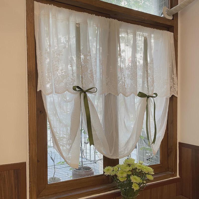 法式田园风升降白纱美式蕾丝提拉窗帘绿色纱帘免打孔隔断半帘门帘