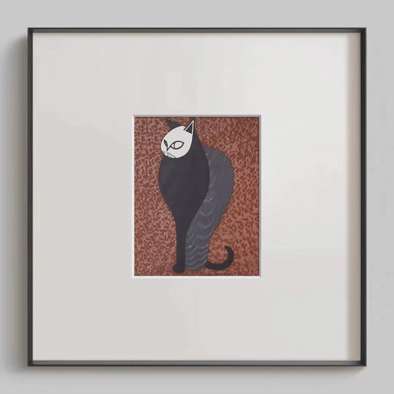 简约北欧挂画艺术装饰画日式文艺复古壁画餐厅民宿棋盘格小众猫