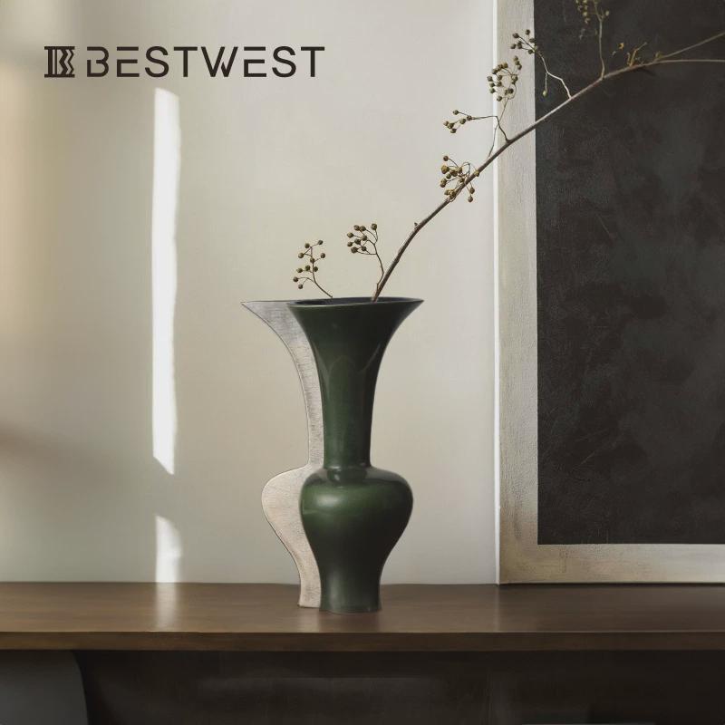 Bestwest法式牛油果绿大肚细颈陶瓷花瓶摆件轻奢家居艺术花器