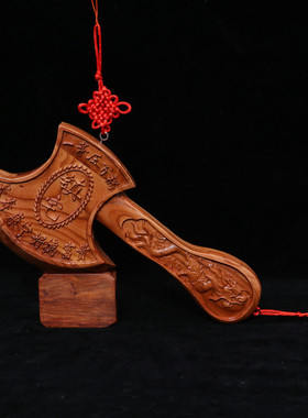 桃木雕刻龙头斧龙头桃木雕刻摆件斧工艺品摆件木盒包装桃木雕刻