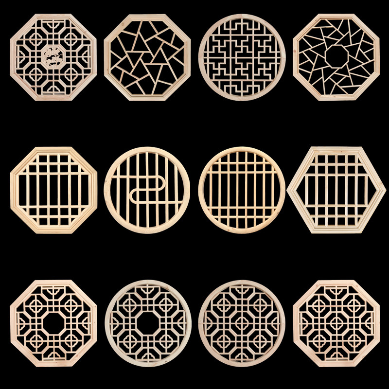 东阳木雕中式装修八角形挂件圆形仿古花格门窗电视背景雕花板现货