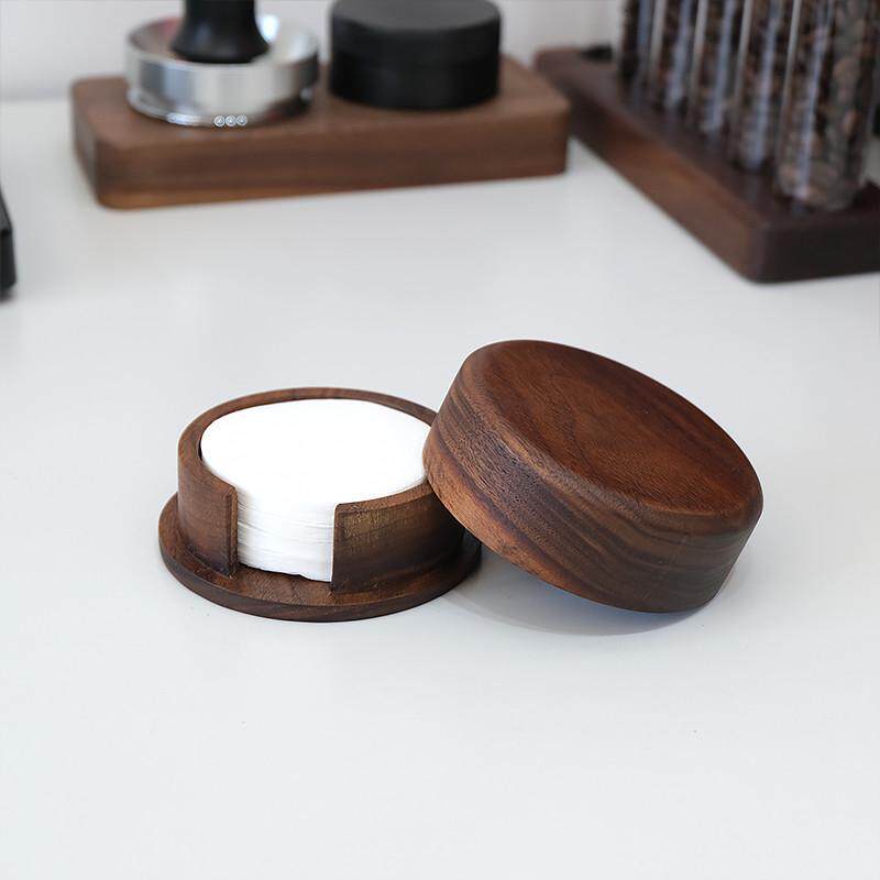 意式咖啡萃取过滤纸收纳盒胡桃木实木防尘收纳底座58/53/51mm通用