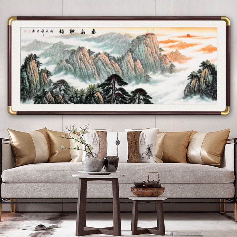 实木框国画山水画办公室客厅装饰画有山无水山水挂画泰山五岳独尊