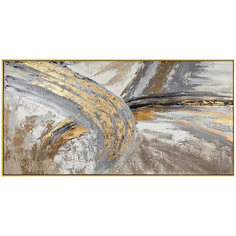 纯手绘大型横幅客厅现代高级感金箔肌理油画简约抽象装饰画墙挂画