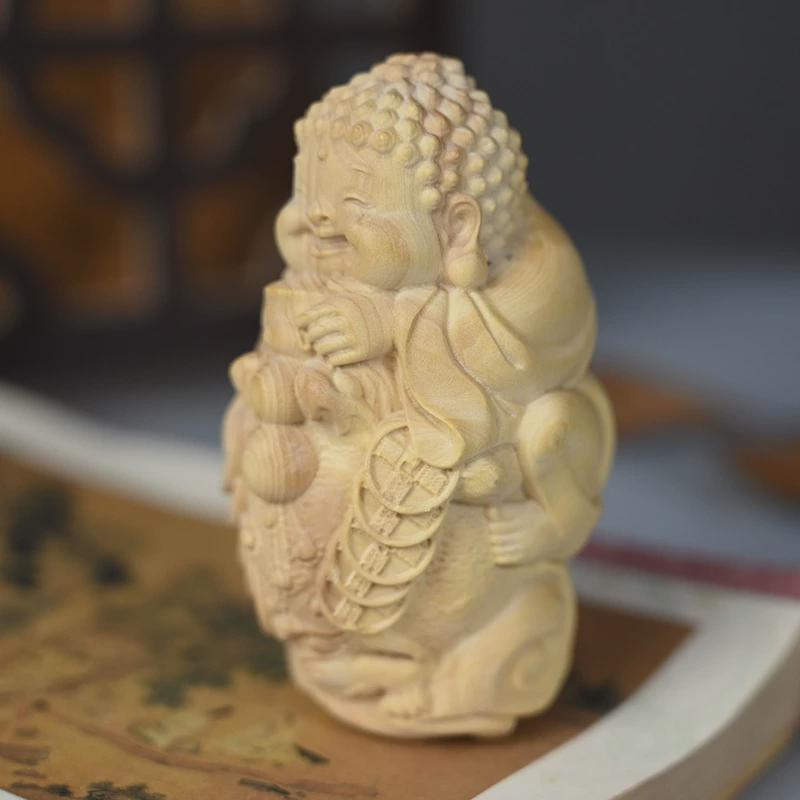 如来佛抱金蟾礼品小叶黄杨木雕刻木质工艺车载汽车摆件品迷你版
