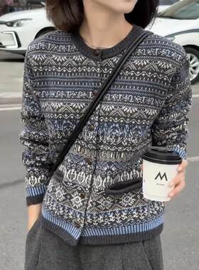 韩系时髦洋气100羊毛开衫女圆领撞色提花秋冬新款羊绒毛衣费尔岛