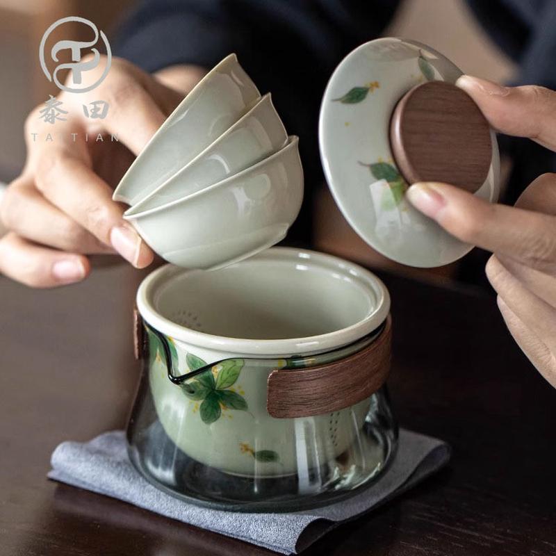 手绘便携式旅行茶具一壶三杯户外车载快客杯随身快客杯陶瓷快客杯