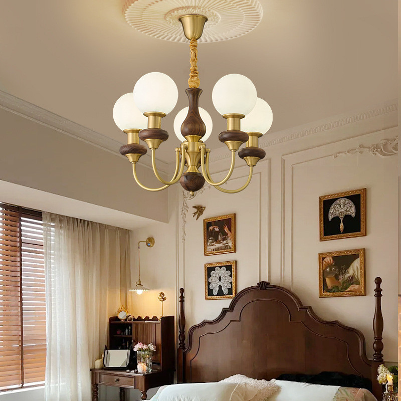 铜加吊灯中古风客厅家装胡桃木法式魔豆复古卧室灯餐厅灯