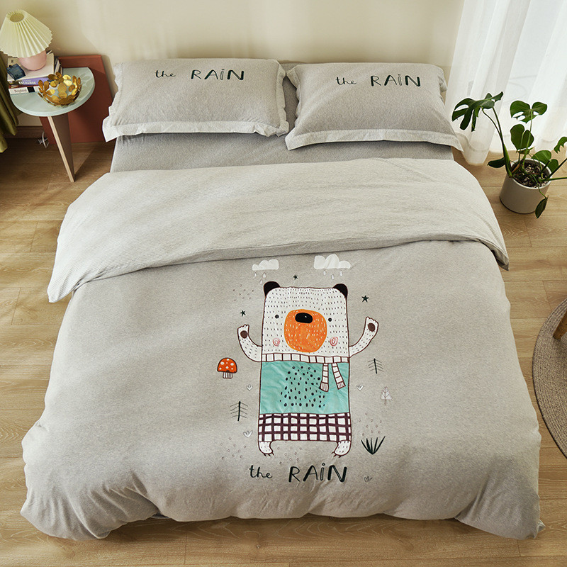 全棉床上用品棉刺绣拼色可爱少女心四件套柔软天竺棉床单被套针织