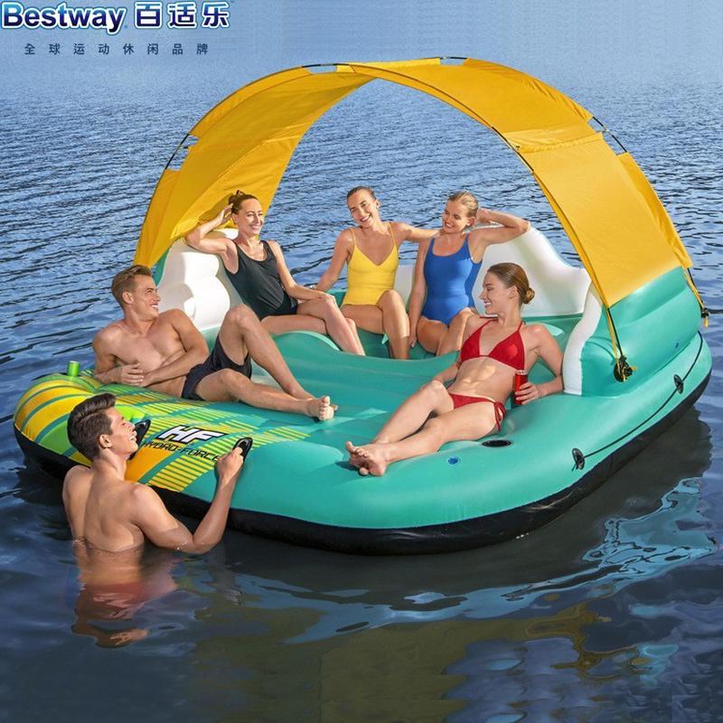 bestway43407遮阳棚水上休闲成人出海度假浮岛充气屋躺床大浮排