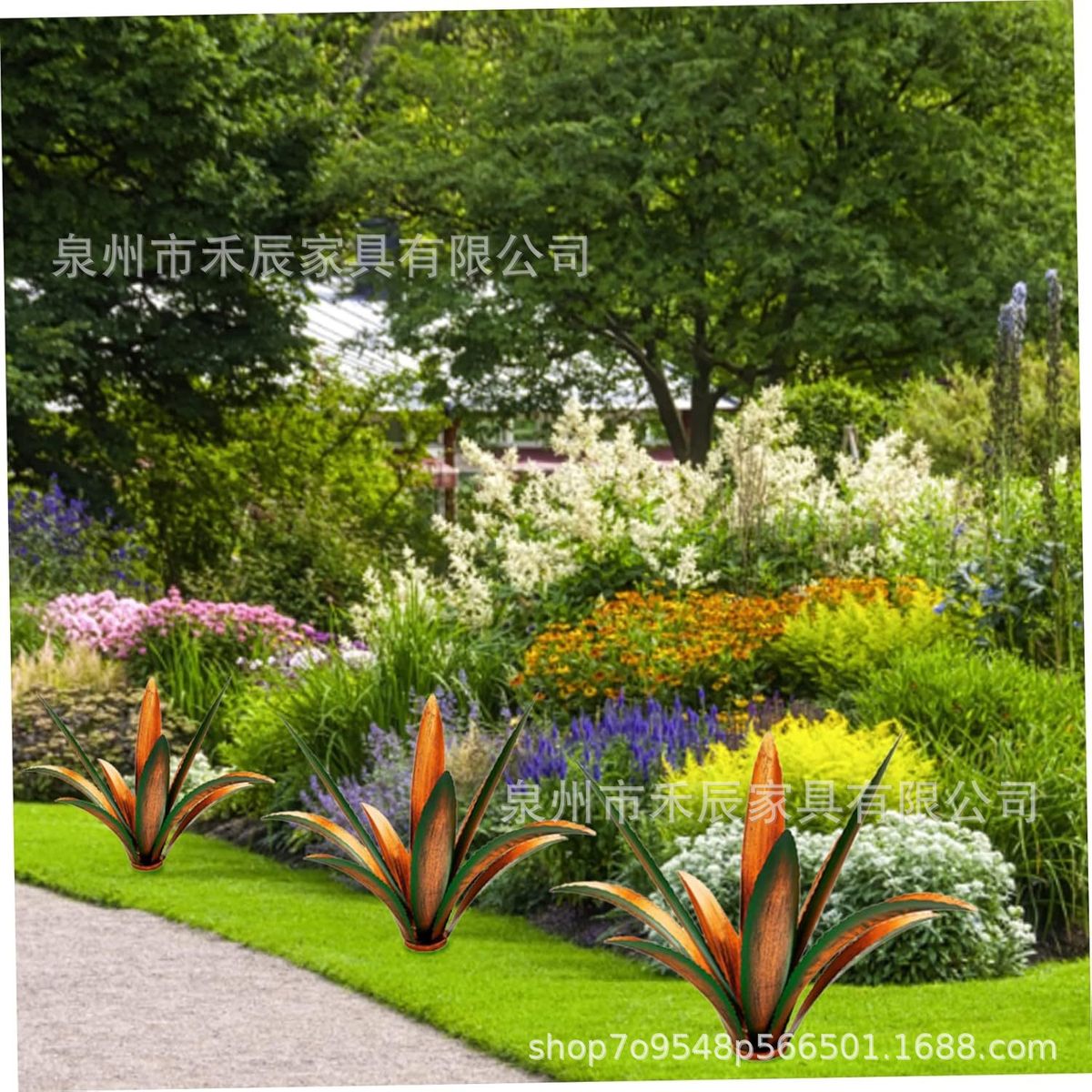 跨境新品彩绘铁艺龙舌兰植物仿真植物摆件花园创意户外装饰摆件