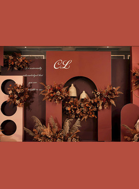 橙色婚宴大型纯色多层整套婚礼布置中国风立体泡沫背景板订婚KT板