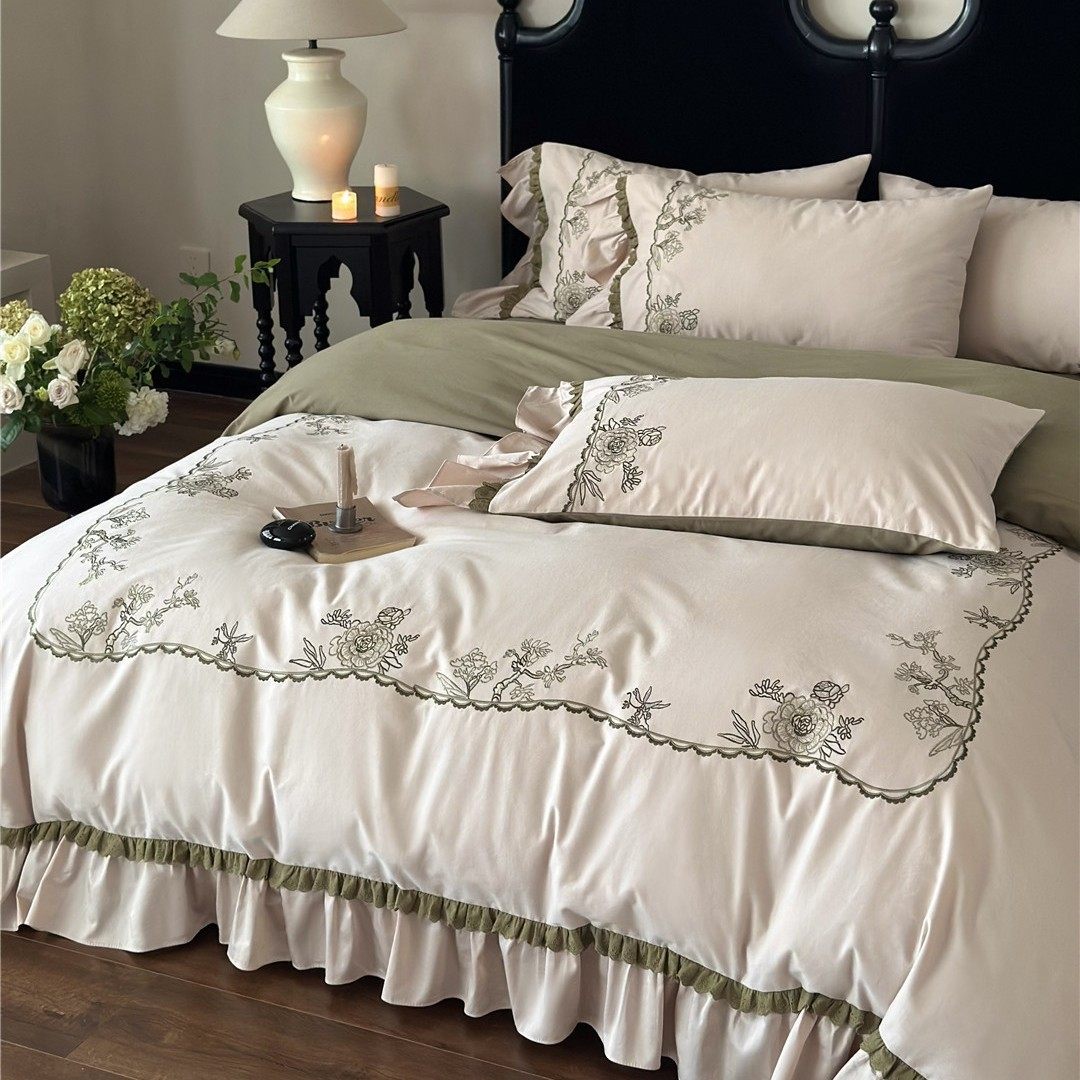 法式复古风打褶边刺绣寝具保暖床品高级感森林磨毛四件套暮色全棉