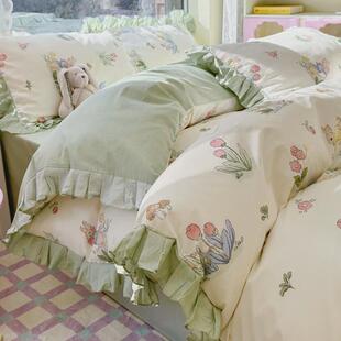 2024床笠棉床上四件套韩版公主风床品床单三件套新款田园花被套