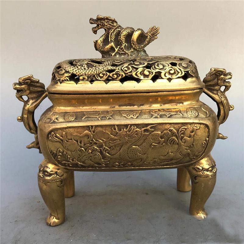 黄铜带盖仿古熏香炉黄铜盘龙香炉盘香香道佛具工艺摆件古玩