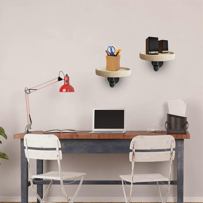 墙壁悬挂式客厅卧室绿萝装饰简圆形铁艺挂架橡木窄隔板收纳置物架