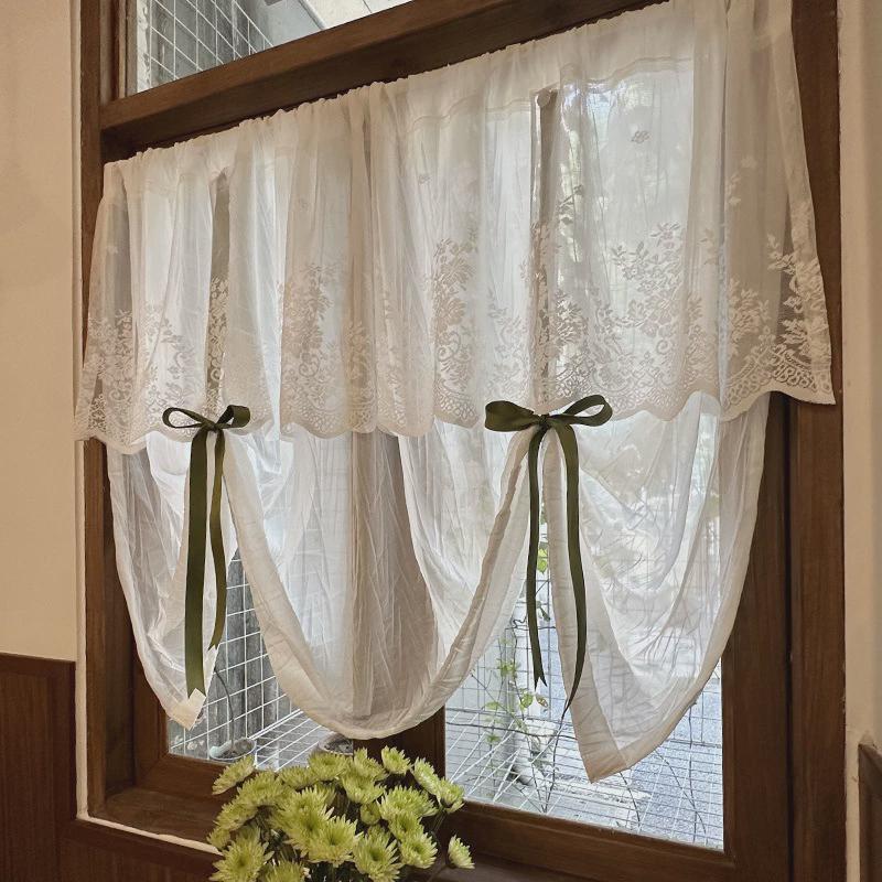 法式田园风绿色白纱美式蕾丝提拉窗帘升降纱帘免打孔隔断半帘门帘