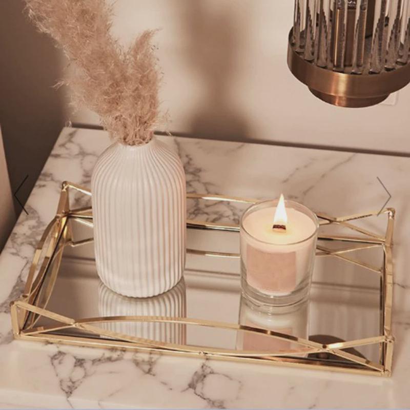 电商轻奢金色长方形家用放茶杯收纳玻璃托盘香薰烛台展示托盘