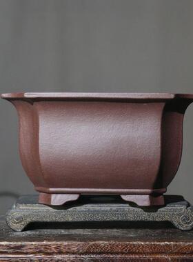 紫砂花盆切角四方正方形盆景盆王飞制陶中国风古典室内盆栽简约