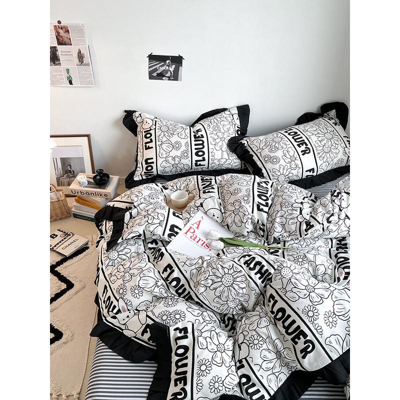 i9at韩式花边风格黑ins水洗棉磨毛床单被套四件套单人宿舍床上三
