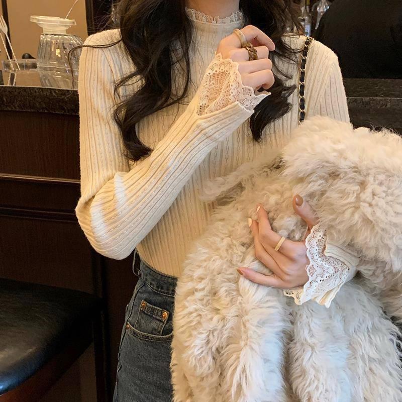 法式白色针织衫拼接蕾丝皮草内搭女春秋显瘦半高领毛衣打底衫上衣