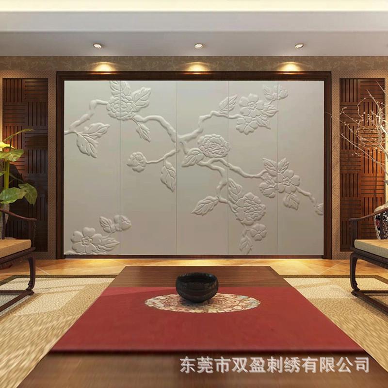 皮3d刺绣浮雕新中式雕硬包背景墙装饰客厅卧室沙发电视墙壁布壁画图片