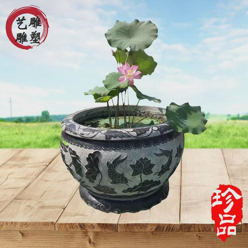 石雕青石鱼缸花缸别墅仿古园林庭院雕刻厂家制做曲阳雕刻