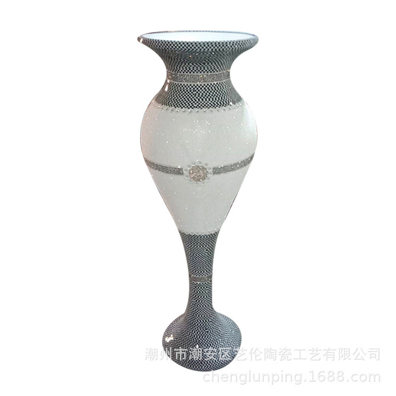 简约白色砂岩贴珠细花器玻璃干花插花客厅装饰品摆件落地大花瓶