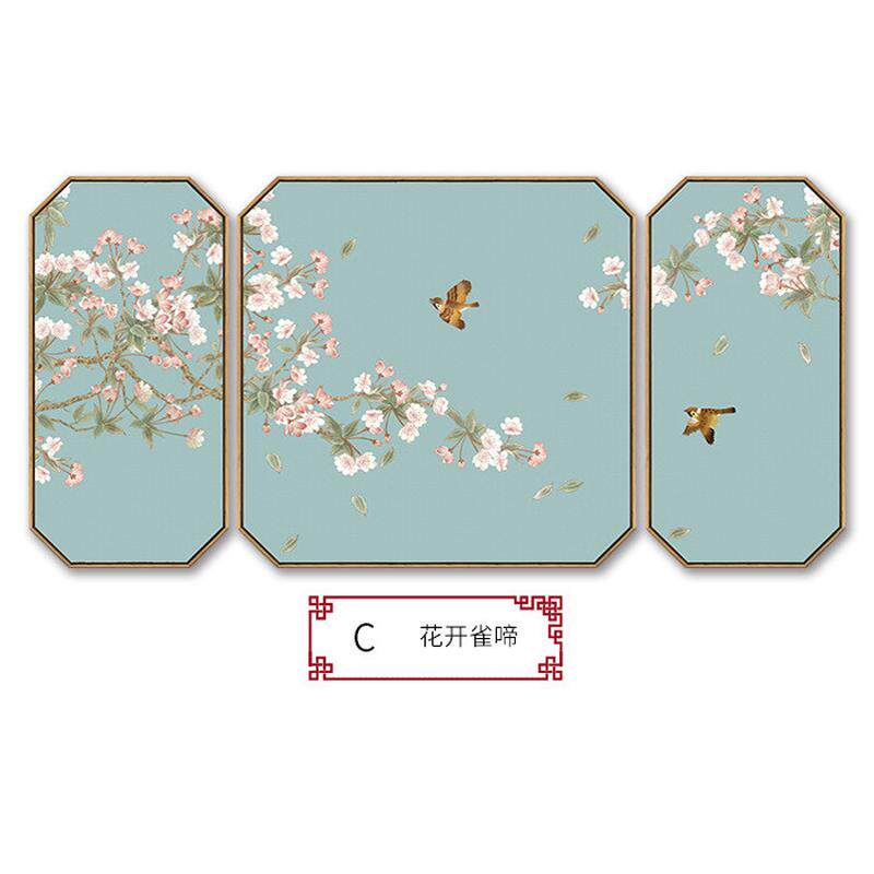 新中式客厅沙发背景墙装饰画花鸟三联画挂画八边形禅意中国风壁画