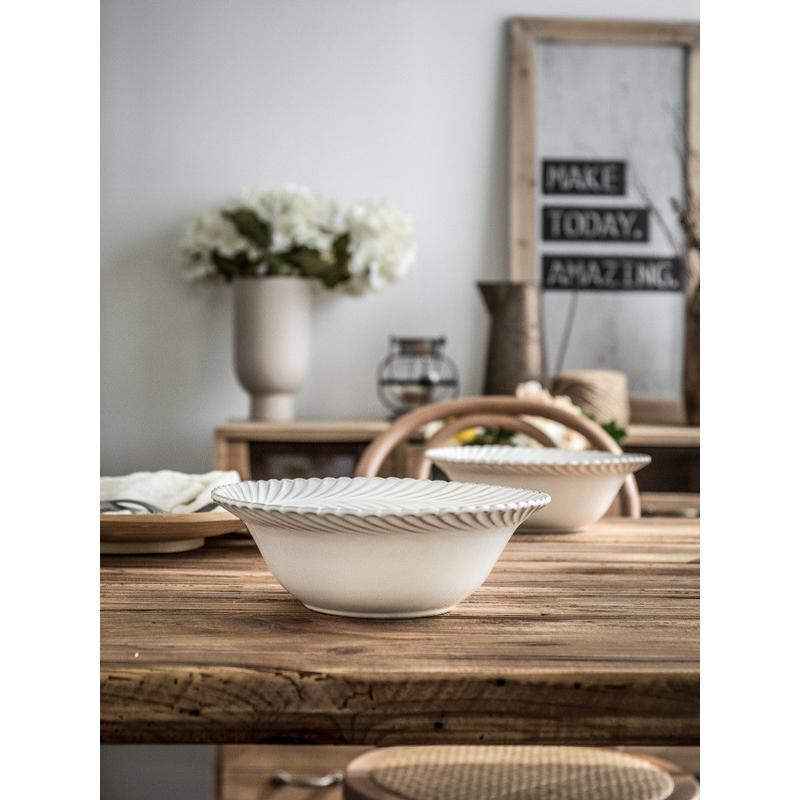 rp4t批发9英寸大碗家用陶瓷碗碗西式汤碗沙拉碗简约浮雕草帽大号