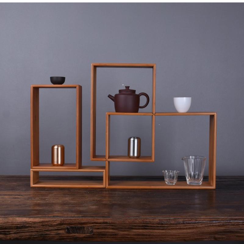 简约现代竹制博古架茶具架摆件实木小展示柜茶具茶杯收纳组合