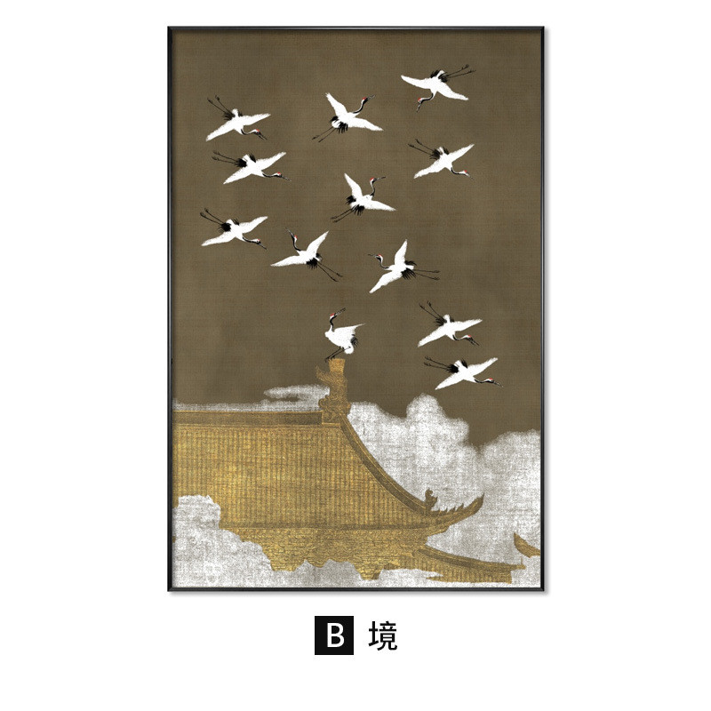 新中式禅意装饰画红色客厅云鹤民国风挂画玄关书房民宿酒店壁画