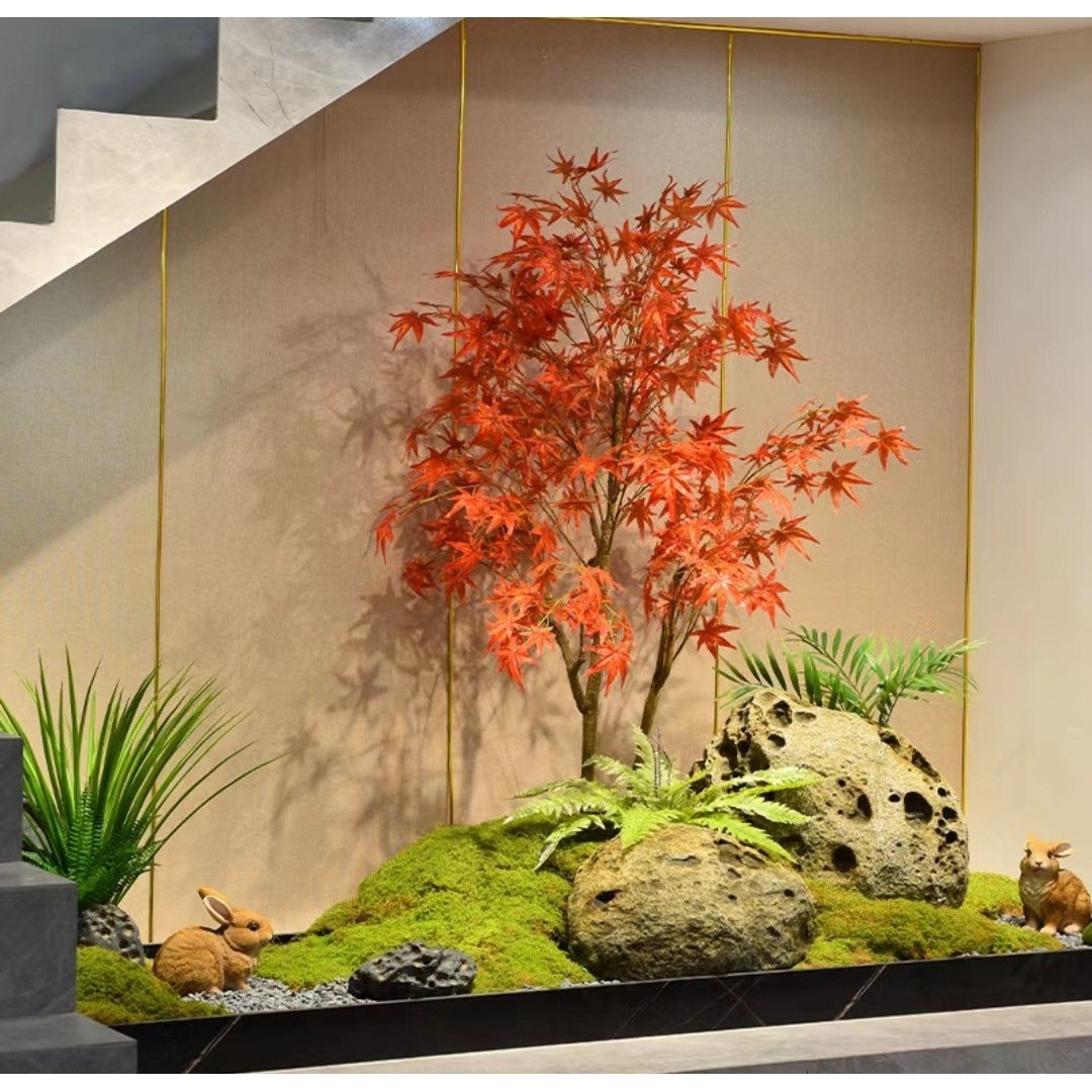 室内摆件组合楼梯下造景大型高档假山石仿真绿植景观装饰轻奢落地
