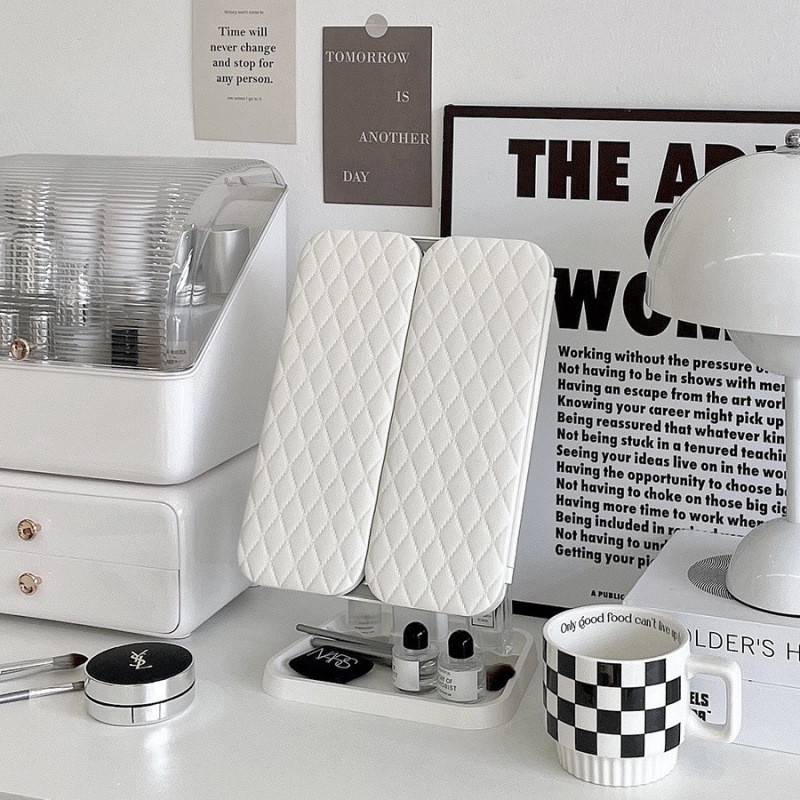 led台式化妆镜收纳盒二合一体可调节三面折叠梳妆镜贝壳镜子仙女