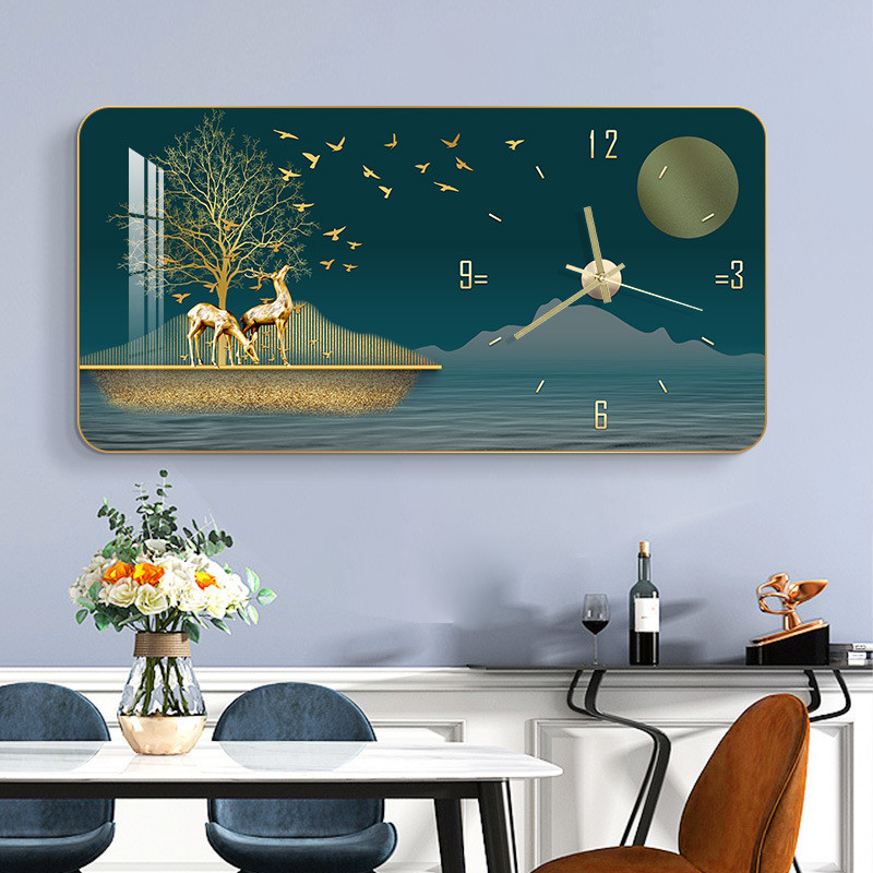 时尚网红挂画横版轻奢装饰家用钟表客厅现代时钟晶瓷画挂钟装饰画