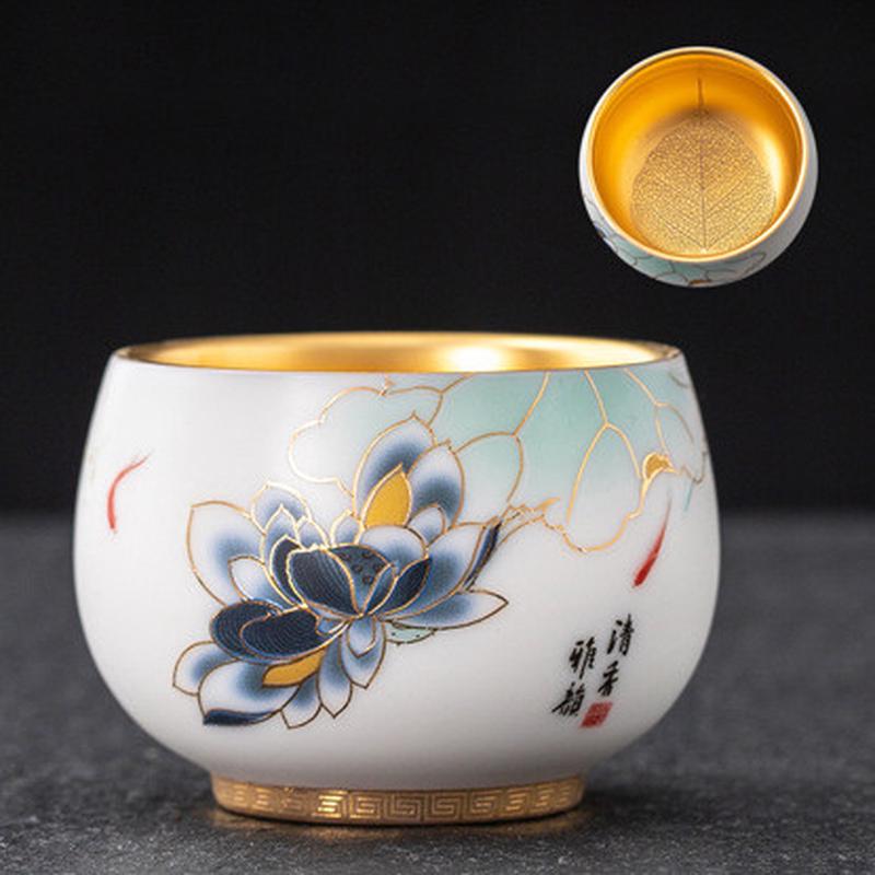 大号鎏金茶杯羊脂玉白瓷陶瓷家用龙凤对杯高端金杯杯罗汉金盏送礼